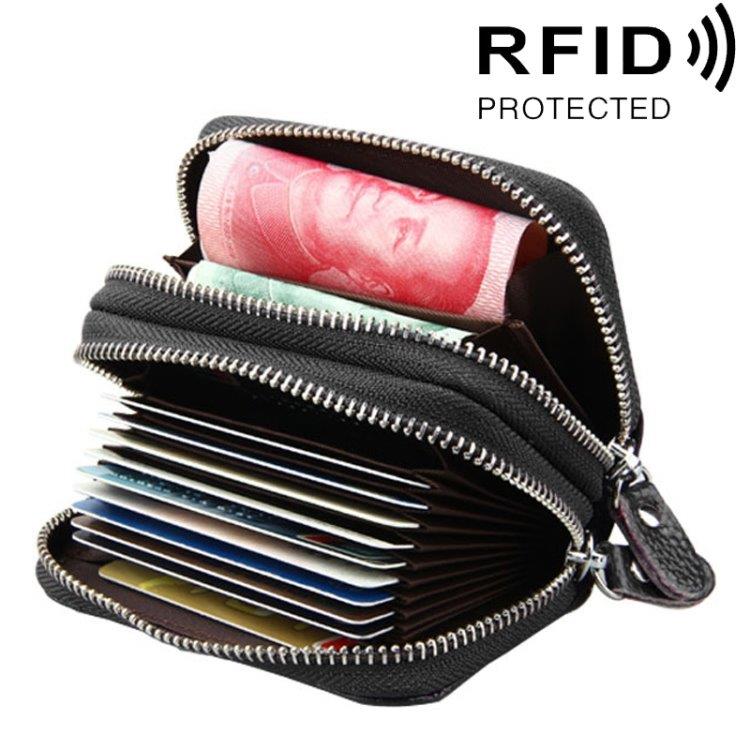 Svart plånbok i koläder med RFID-skydd och många praktiska fack
